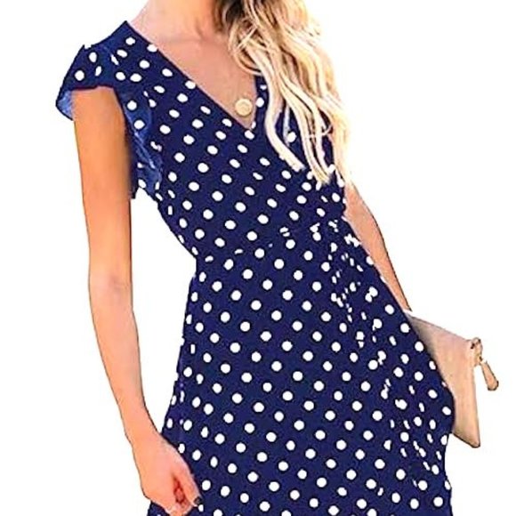 Grecerelle Women's Large Navy & White Polka Dot Surplice Long Flowing Maxi Dress - Picture 13 of 15